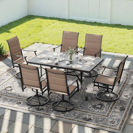 Soohow Patio Dining Set for 6, 7-Piece Outdoor Dining Table and Chairs Set, 6 x Swivel Outdoor Chairs with Paded Textilene and 60"x35" Patio Table with 1.57" Umbrella Hole for Poolside, Backyard