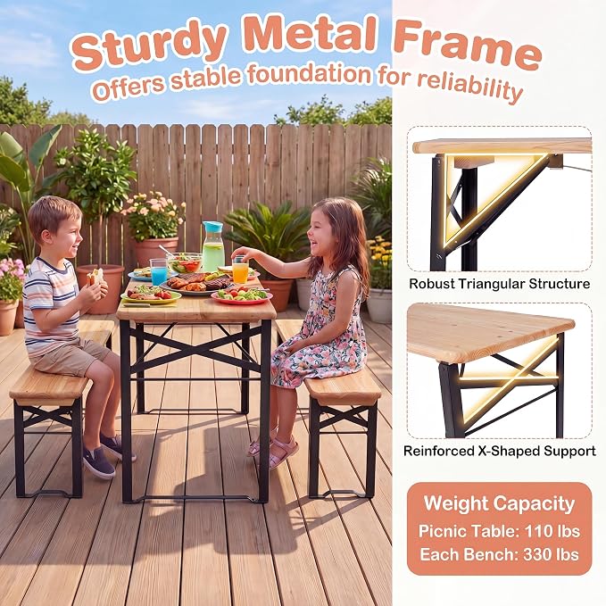 HONEY JOY Kids Picnic Table, 43.5 Inch Folding Toddler Outdoor Table & 2 Benches, Fir Wood Top & Metal Frame, No Assembly, Portable Easy to Store Camping Table and Chairs for Patio Backyard (Black)