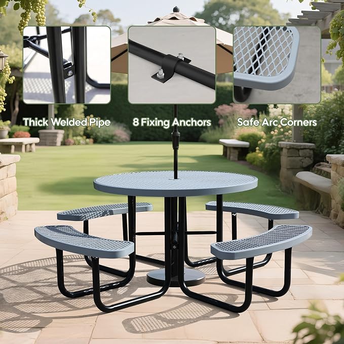 46" Round Picnic Tables for Outdoors,Commercial Metal Picnic Table Bench Set W/ Umbrella Hole,Restaurant School Canteen Tables W/Seats - Heavy Duty Sturdy Picnic Tables for Patio Garden Coffee Shop