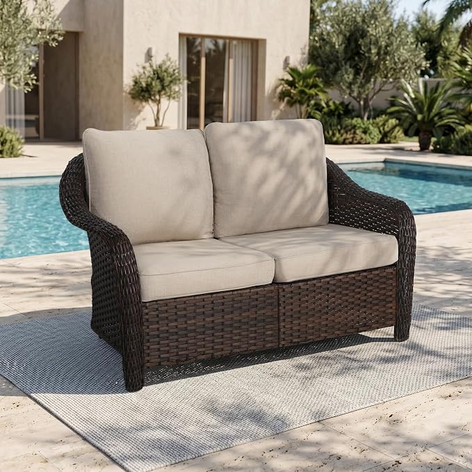 55 inch Outdoor Wicker 2 Seater Sofa, All-Weather Use Patio Rattan Loveseat with Seat and Back Cushion, Ideal for Porch, Backyard, Balcony, Poolside, Beige