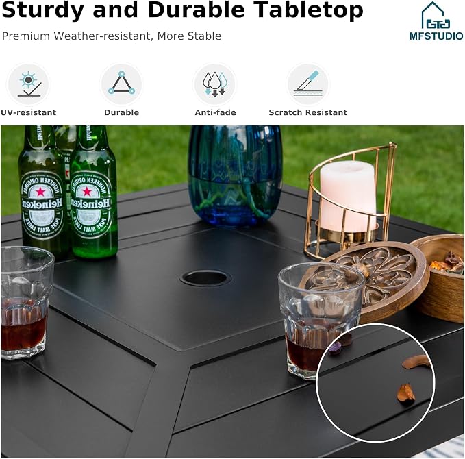 MFSTUDIO 38” Patio Counter Height Bar Table, with 32” Square Heavy Duty Metal Table Top for 4, All Weather Resistant Outdoor Table with Umbrella Hole, Black
