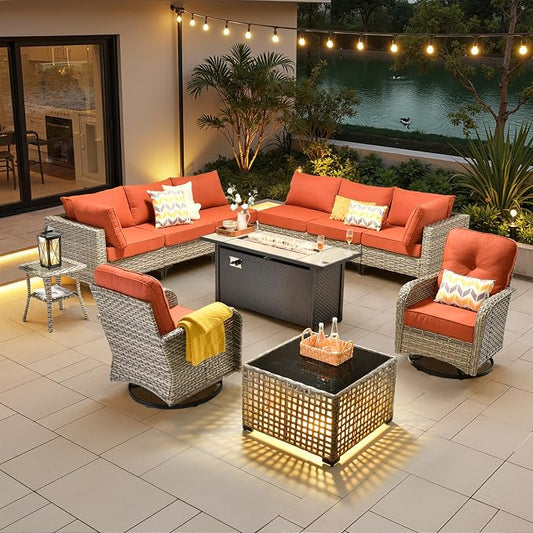 11 Pieces Outdoor Sectional Patio Furniture Set with 54" Fire Pit, Wicker Conversation Sets Rattan L Shaped Couch Swivel Rocking Chairs for Porch Balcony Backyard, Coarse Stripes Red