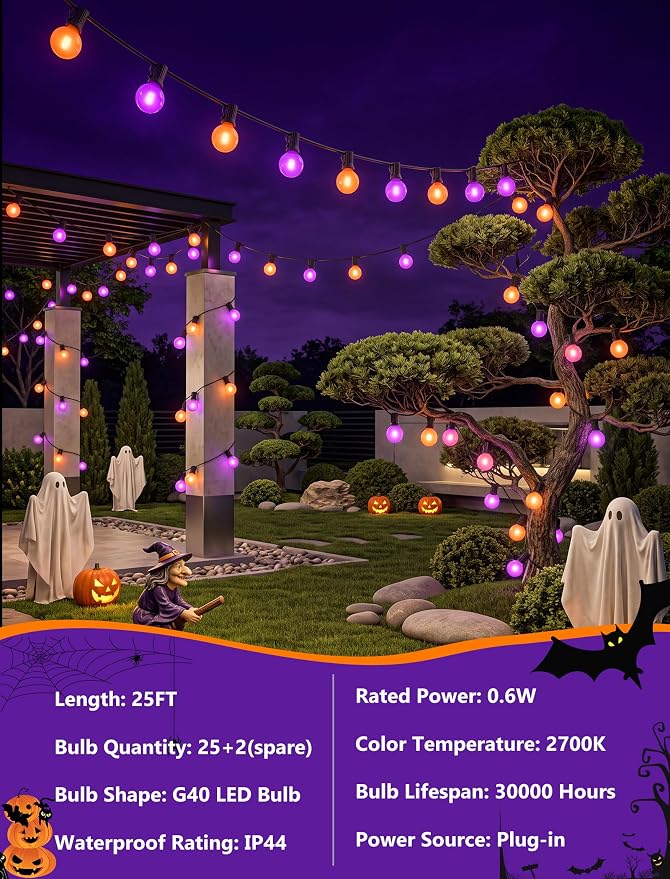 Orange and Purple Halloween Lights Outdoor, 25Ft 27 G40 Shatterproof Bulbs | Connectable Globe Patio Lights, Waterproof Halloween Decorations Lights for Outdoor Indoor Patio Home Party Garden Yard Decor
