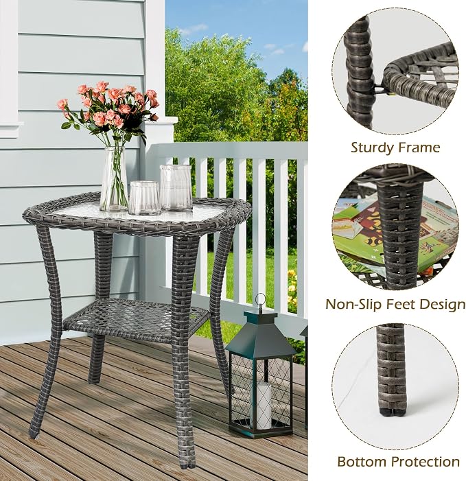 Outdoor Wicker Coffee Table Set of 2, 2-Tier Sturdy Patio Table with Tempered Glass Small Outdoor Wicker Side Table with Storage Shelf for Patio,Balcony & Porch,with PE Rattan & Iron Frame