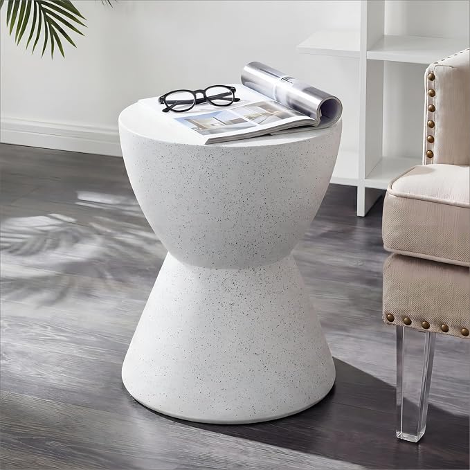 HOMPUS Outdoor Side Table Hourglass Shaped, Concrete End Table, Round Drum Patio MgO Coffee Lightweight Table, Modern Garden Planter Stand for Indoor Outdoor Use, Spotted White
