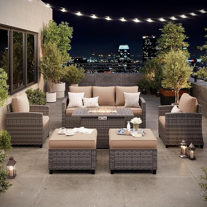 6 Pcs Patio Furniture Set with 44" Propane Gas Fire Pit Table, Rattan Outdoor Couch with Ottomans, 4" Thick Cushions for Backyard Garden Deck,Khaki