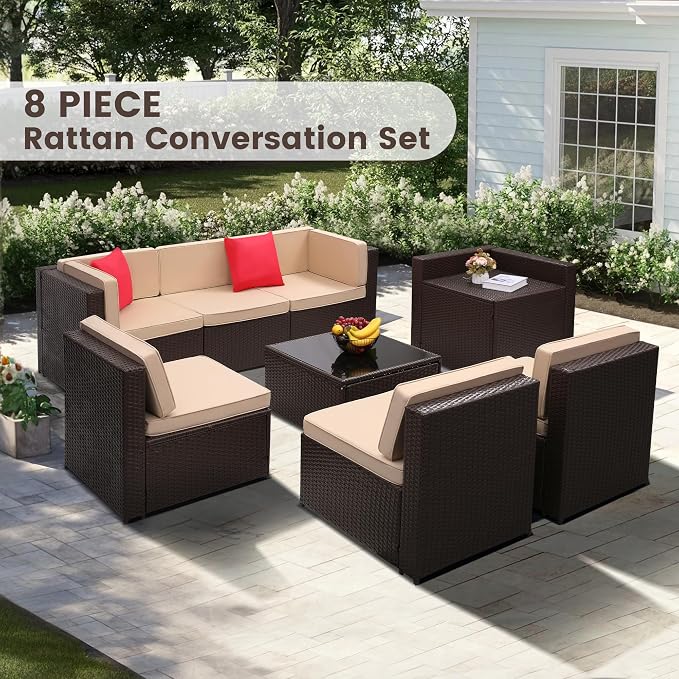 KROFEM 8 Piece Patio Furniture Set, Outdoor Modular Conversation Set, Beige | UV Treated Wickers, Machine Washable Cushions, Seats 6, 2 Hidden Storage Compartments, Rustproof Frame, Waterproof