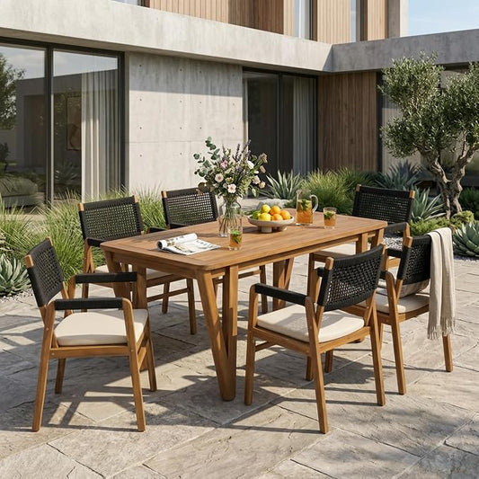 Christopher Knight Home Terri Acacia Wood Patio Dining Set for 6, Solid Wood Outdoor Dining Table Set for 6, 7 Piece Outdoor Dining Set with Rectangular Table and Woven Rope Accents, Teak+Beige+Black