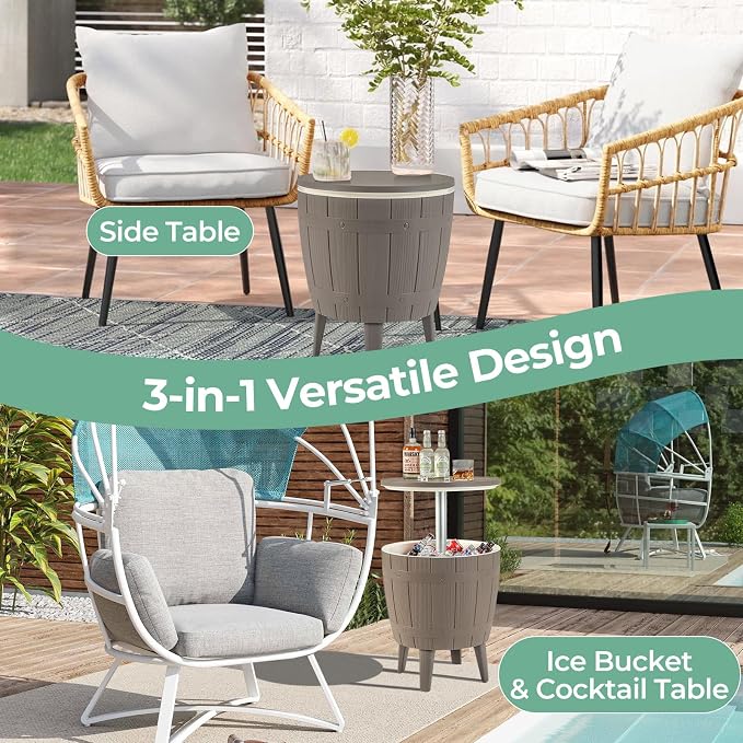 Moccha Outdoor End Table Cooler - 10 Gallon Cooler Side Table with Height Adjustable Tabletop, 3-in-1 Ice Bucket for Beer & Wine Storage, Cocktail Patio Bar Table for Deck Pool Backyard Party (Brown)
