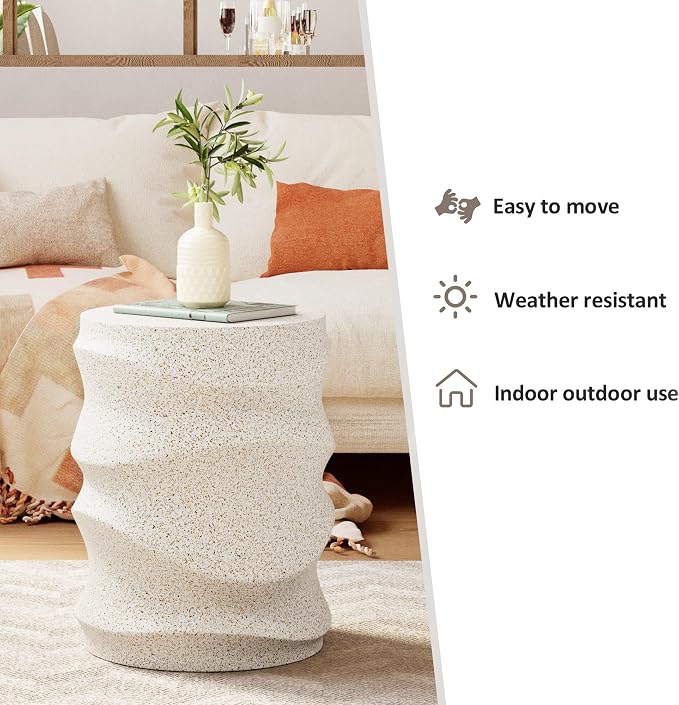 HOMPUS Outdoor Side Table Set of 2, Patio End Table w Water Wave, Unique MgO Lightweight Concrete Accent Table, Modern Vintage Garden Tool for Indoor Outdoor Use, Warm White