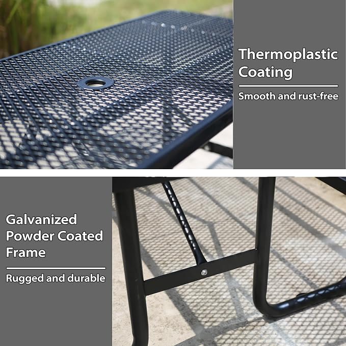 6FT Metal Picnic Tables for Outdoors, Commercial Rectangular Picnic Table and Bench Set for Outside, Patio, Garden, Backyard, Porch, Surface Mount, Black