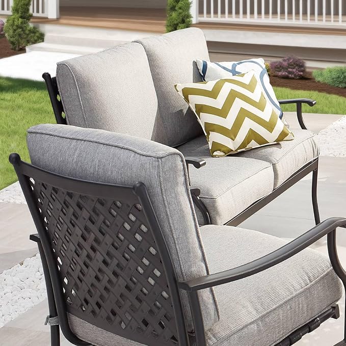 Patio Conversation Set 4 Pieces Cushioned Outdoor Furniture Sets with All Weather Frame Grey Cushion for Porch Backyard Lawn