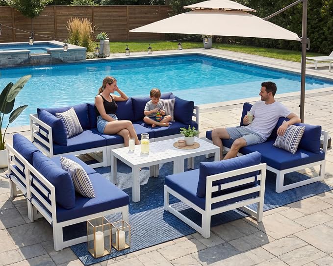 NICESOUL 8 People Extra Large Luxury Aluminum Patio Conversation Set for Backyard Garden, 29" Deep Wide Seat, L Shaped Modular Sectional Couch, 500 lbs Heavy Duty All Weather Outdoor Sofa, Navy Blue