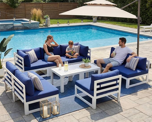 NICESOUL 8 People Extra Large Luxury Aluminum Patio Conversation Set for Backyard Garden, 29" Deep Wide Seat, L Shaped Modular Sectional Couch, 500 lbs Heavy Duty All Weather Outdoor Sofa, Navy Blue