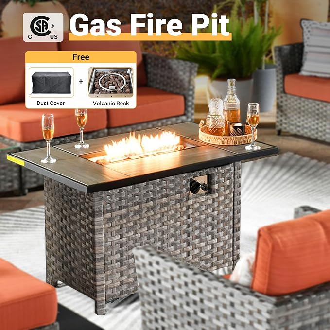 CAODOC 16 Pieces Patio Furniture Conversation Set with 42" Fire Pit Table Rocking Chair Outdoor Sectional Gray Wicker Sofa Set