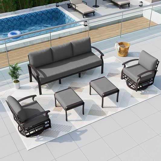ALAULM Aluminum Patio Furniture Set with Swivel Chairs 7-seat Metal Outdoor Furniture Patio Sectional Sofas w/2 Ottomans for Porch, Backyard, Poolside-Grey