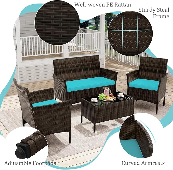 4 Piece Patio Furniture Set, Sectional Conversation Sofa Set with Glass Coffee Table, Cushions & Loveseat, Wicker Outdoor Table and Chairs for Pool, Garden, Deck, Backyard (1, Turquoise)