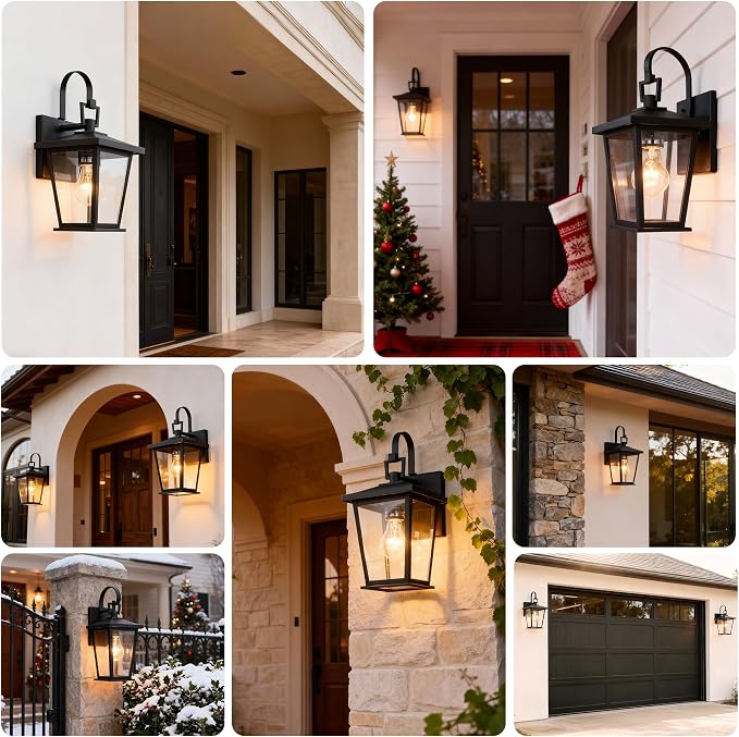 Outdoor Wall Lantern 2 Pack, Waterproof Exterior Wall Mount Light with Clear Glass in Black Finish, Porch Outside Lighting for Entryway, Backyard, Patio, E26 Base, Clear Glass 12.5 in