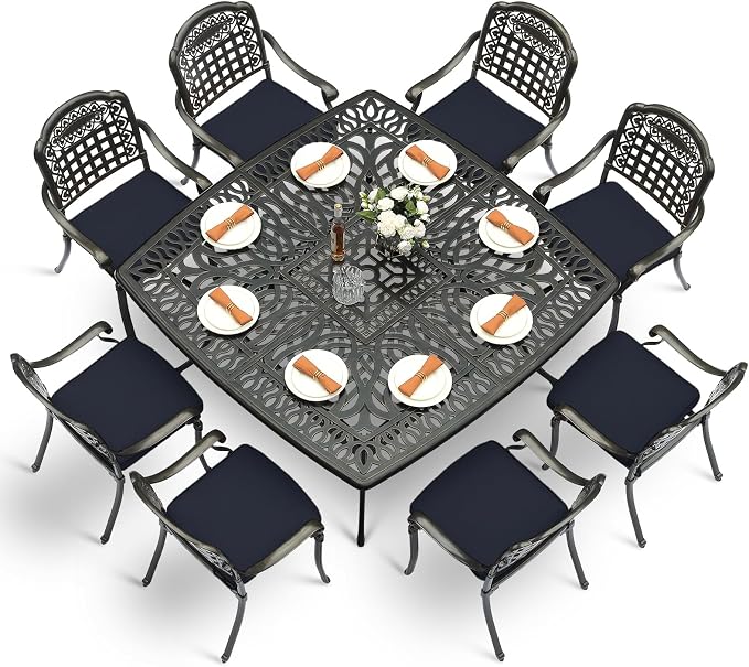 VIVIJASON 9-Piece Outdoor Dining Set, Cast Aluminum Retro Patio Furniture Table and Chairs Set for 8, Include Large 64" Square Dining Table and 8 Cushioned Chairs with Umbrella Hole, Navy Blue