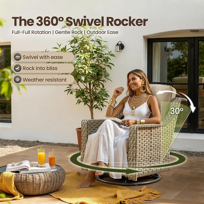 5 PCS Patio Conversation Set, All-Weather Rattan Wicker Outdoor Patio Furniture Sets with High Back Swivel Rocker Chair, Solar Light Coffee Table for Porch,Backyard,Balcony,Beige