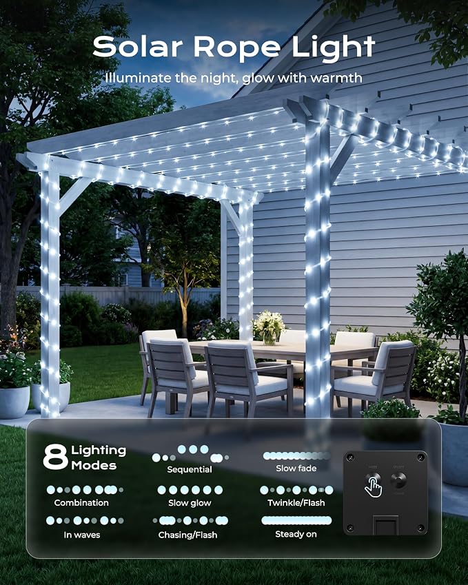 Brightown 2 Pack Total 78FT 200LED Pure White Solar Rope String Lights | IP65 waterproof solar fairy lights with 8 lighting modes, solar powered, perfect decor for yard, garden and outdoor tree