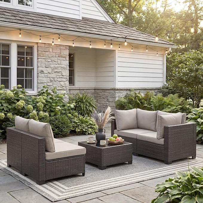 ANJ 5 Piece Outdoor Wicker Patio Furniture Set, Modular Loveseat Sofa with with Glass Top Coffee Table, All-Weather Rattan Conversation Couch Set for Balcony, Backyard, Dark Brown Wicker-Grey