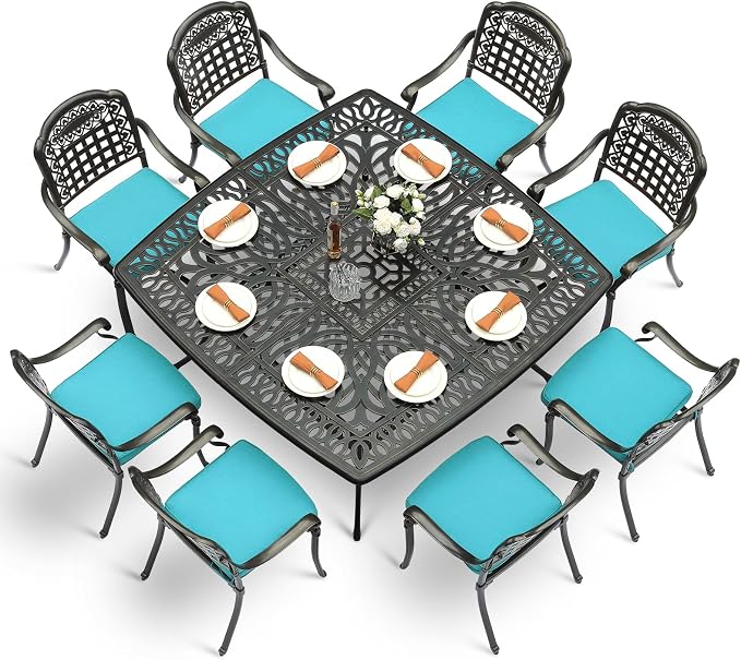 VIVIJASON 9-Piece Outdoor Dining Set, Cast Aluminum Retro Patio Furniture Table and Chairs Set for 8, Include Large 64" Square Dining Table and 8 Cushioned Chairs with Umbrella Hole, Ocean Blue