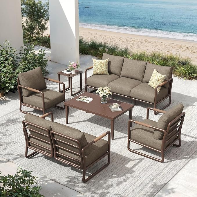 6-Piece All-Weather Aluminum Patio Conversation Set, Outdoor Sofa with Coffee Table & Thick Cushions, Modern Garden, Porch Seating for Backyard, Poolside, Brown