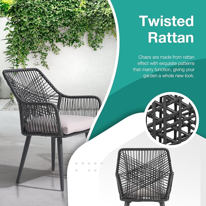 Patiorama 5-Piece Patio Dining Set, Outdoor Dining Table Chair Set, All-Weather Twisted Rattan Wicker Rope Conversation Set,Patio Furniture Set w/Umbrella Hole,Cushioned Chairs&Table(Black&Cross Back)