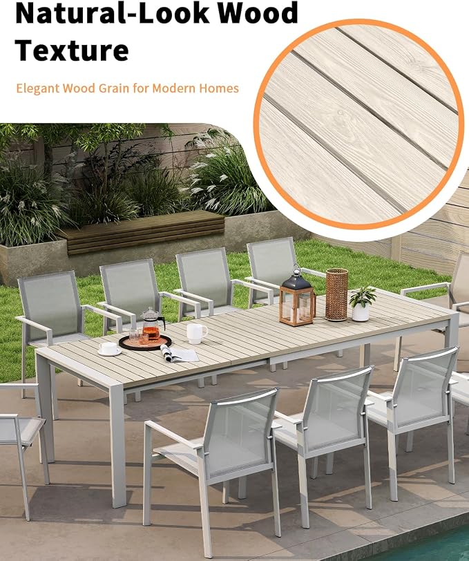 Extendable Outdoor Dining Table for 6-10 Person, 85"-107" Oversized Rectangular Patio Dining Table, Never-Rust Aluminum Expandable Dining Table with Wood Grain Tabletop for Deck, Garden, Porch