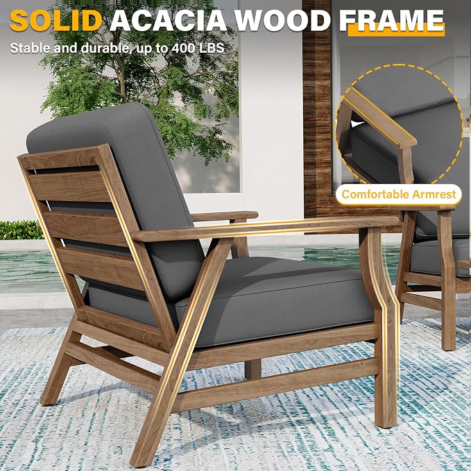 3 Piece Wood Patio Chair Outdoor Bistro Set, Outdoor Armchair All Weather Patio Sofa Furniture Backyard Conversation Sets with Wooden Side Table, Light Camel