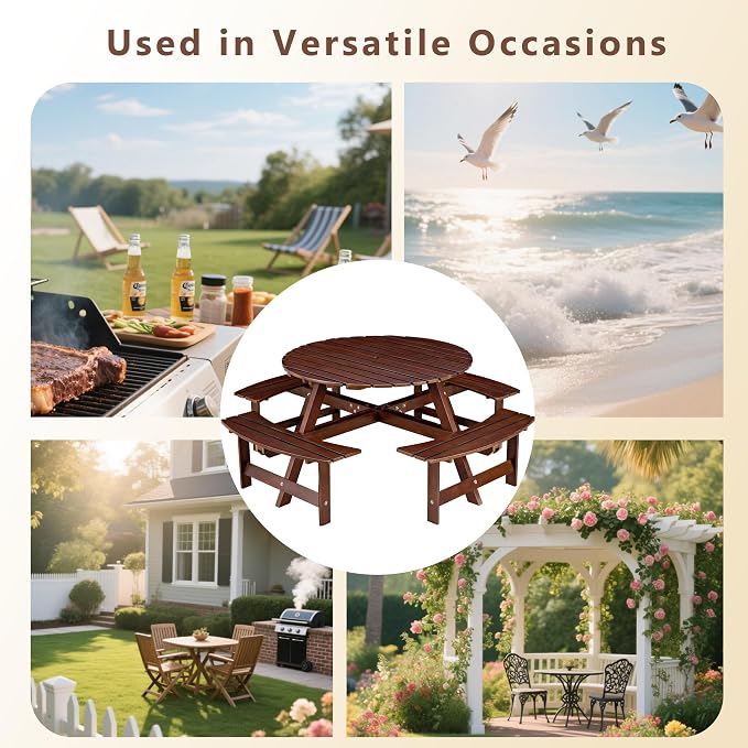 8 Person Outdoor Picnic Table, Round Dining Table with 4 Built-in Benches and Umbrella Hole, Outside Garden Backyard Table and Bench Set, 500lbs Capacity Per Bench (Brown)