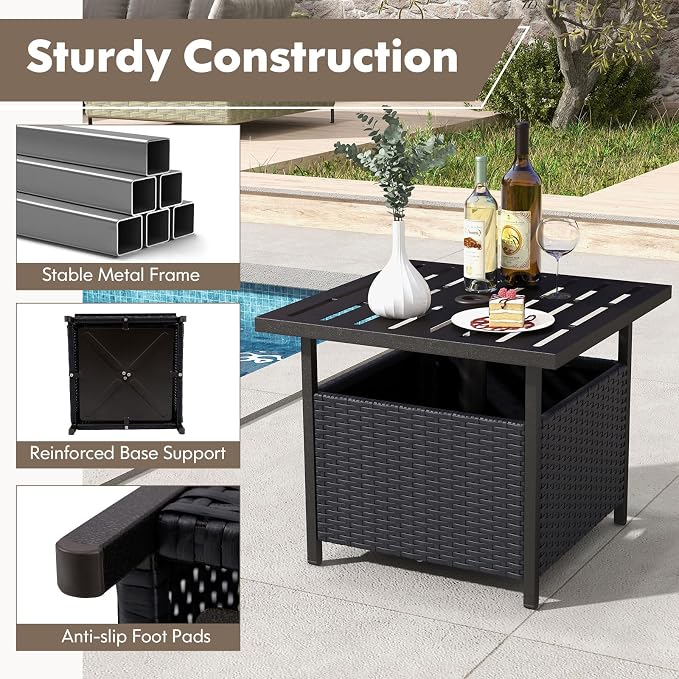 Tangkula Outdoor Table with Umbrella Hole, Rattan Umbrella Stand Table, Wicker Outside Side Table with Steel Metal Frame, Patio Bistro Table for Deck Garden Pool Yard, 22 x 22 x 18.5 Inch (Black)