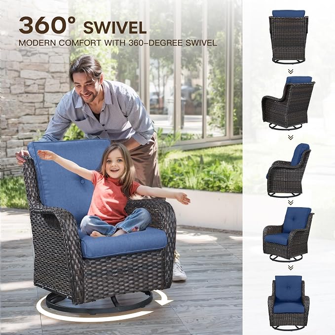 Patio Loveseat Glider Set, Resin Wicker Loveseat Glider with 4 Swivel Patio Chiars Coffee Table, 6 Piece Patio Conversation Set PE Rattan Loveseat Set, Brown Wicker|Blue Cushions