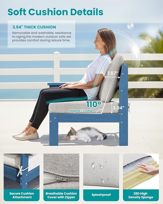 SERWALL 7 Pieces Patio Conversation Set, Heavy Duty HDPE Outdoor Sectional Sofas with Cushions and Coffee, All-Weather Outdoor Couch Set for Backyard, Deck and Porch, Blue Frame with Khaki Cushion