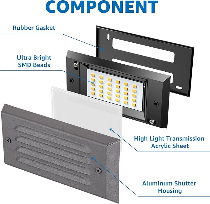 SUNVIE 5W Low Voltage Step Lights 6 Inch Outdoor Aluminum Brown, 12-Pack | Landscape lights, 12-24V AC/DC, 3.2FT ETL Listed Wire, with Fastlock2 Connectors, Horizontal Louver, for Stairs, Step, Fences