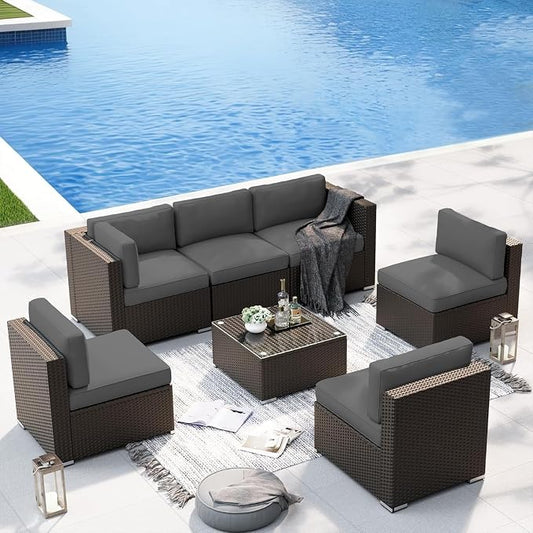 7 Piece Outdoor Sectional Sofa Patio Furniture Set Wicker with Cushions and Coffee Table, Outdoor Conversation Set for Backyard Garden Deck Lounge(Black)