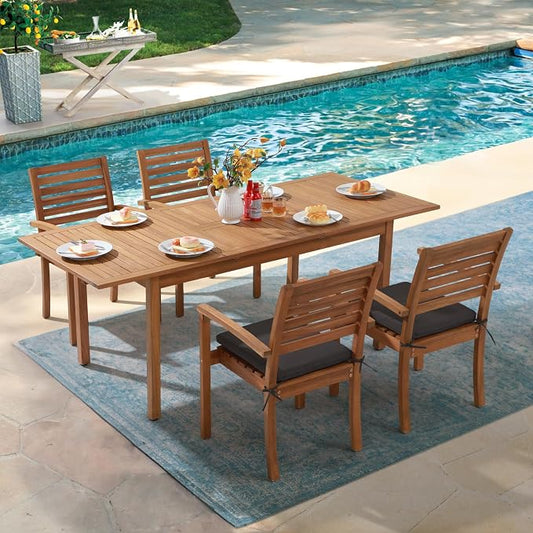 OC Orange-Casual 5 Piece Patio Dining Set, Outdoor Acacia Wood Furniture Set, Extendable Rectangular Solid Table and 4 Stackable Chairs for Lawn Backyard and Deck, Dark Grey Cushion