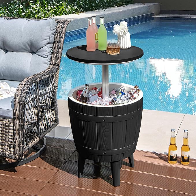 10 Gallon Cooler Table, Cool Bar Table with Height Adjustable Tabletop & Drainage Plug, 3-in-1 Cocktail Drinks & Wine, Outdoor Cooler Side Table for Backyard, Party, Poolside (Black)