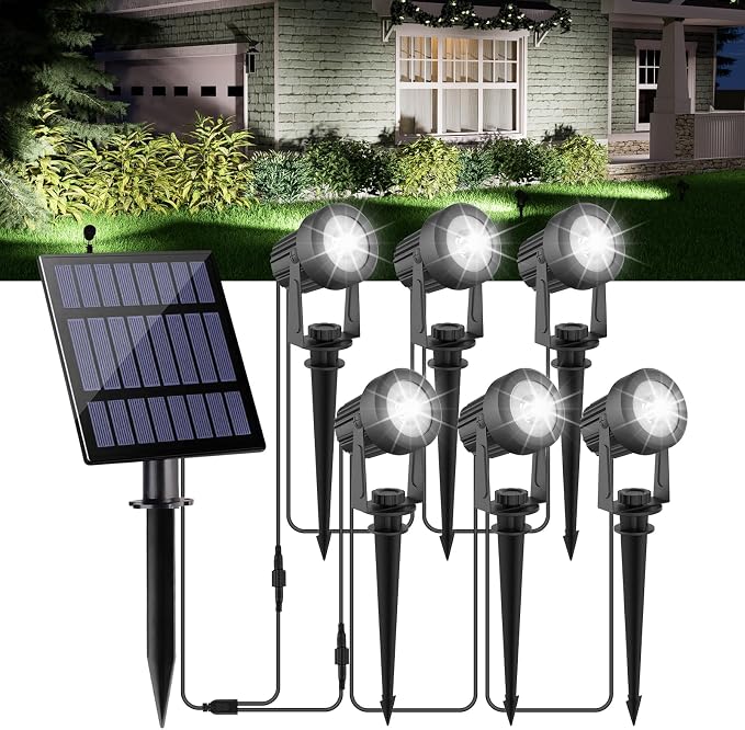 Solar Spot Lights Outdoor, 6000K Cool White Landscape Spotlights IP65 Waterproof 9.8ft Cable, Dusk to Dawn Solar Uplights for Trees Garden Yard Driveway Porch Walkway Pool (6-in-1)
