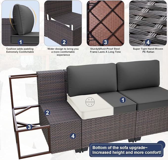 Kurapika 11 Pieces Patio Furniture Set, Rattan Wicker Outdoor Conversation Sets w/43in Propane Fire Pit Table, Swivel Rocking Chairs Patio Sectional Sofa w/4 Inch Cushion, Grey