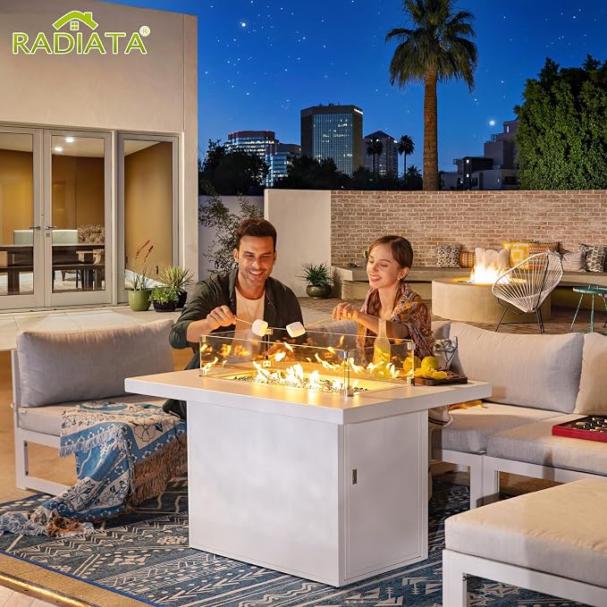 RADIATA 11pcs Modern Aluminum Patio Furniture Set with 43'' Propane Fire Pit Table (White)