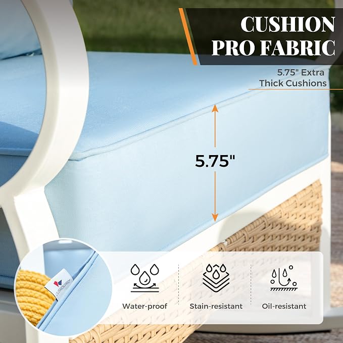 MIXPATIO 6 Piece Patio Furniture Set, 2 x Fixed Chair, 2 x Rocking Chair, 1 x 3-Seat Sofa with Marbling Coffee Table, All Cushioned 7 Seats Outdoor Conversation Set for Lawn Garden Backyard, Blue