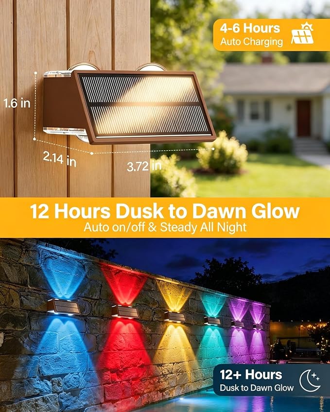 Solar Fence Lights Outdoor, 2 Pack Fence Solar Lights Waterproof | IP65 Fence Lights Solar Powered Up & Down LED Focus, 9 Color Modes, 12H Dusk to Dawn Glow for Patio/Backyard - Matte Brown