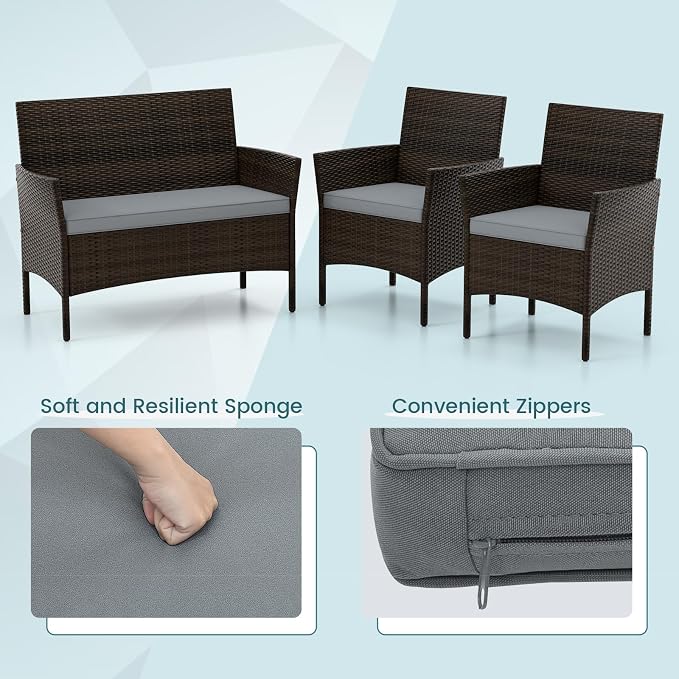 HAPPYGRILL 4 Pieces Outdoor Rattan Conversation Set, Patio Wicker Furniture Set with Loveseat Chairs & Tempered Glass Coffee Table, Outside Sectional Sofa Set for Backyard Garden Poolside
