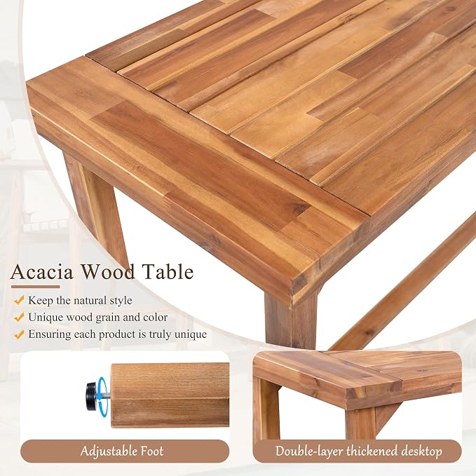 3 Piece Outdoor Bar Set for 2, Acacia Wood Bar Height Table & 2 Stools with Removable Cushions, Wood Dining Bar Set with Adjustable Feet, Patio Balcony Bistro Furniture, Beige+Natural