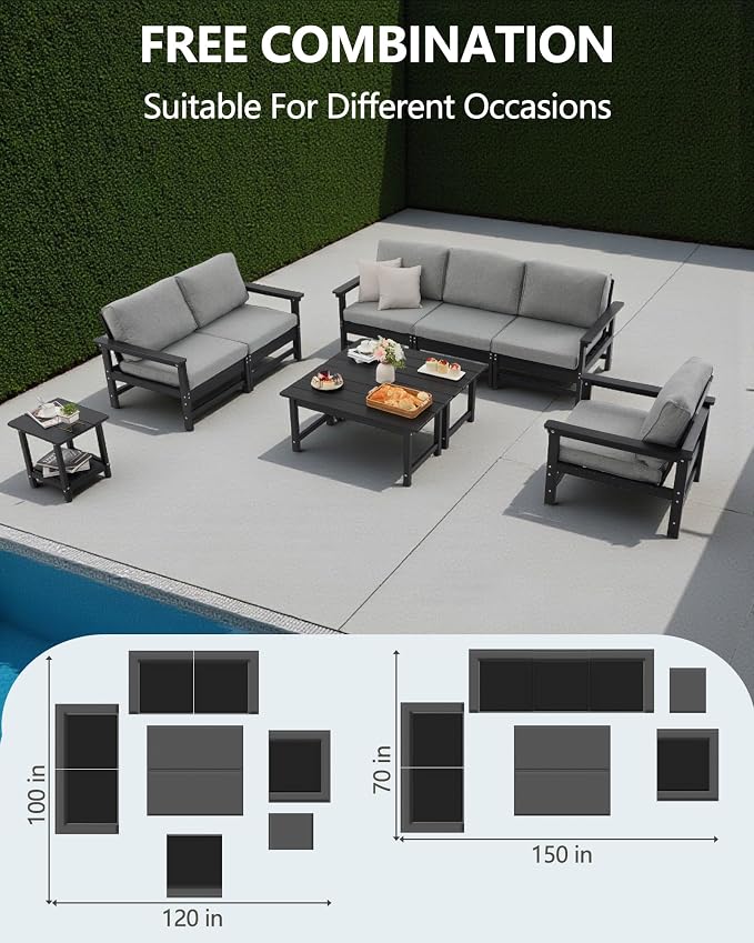 HDPE Outdoor Patio Furniture Set, 9-Piece Sofa Set with 3-Seat Couch, Loveseat Sofa, Armchair,Side Table & 2 Coffee Tables, Weatherproof Conversation Set with Cushions,for Garden, Porch & Backyard