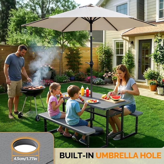 VINGLI Outdoor Picnic Table with Storage Shelf & Umbrella Hole, 4.5FT All Weather Metal Frame HDPE Tabletop Plastic Picnic Table for Dining Party Garden(Grey)