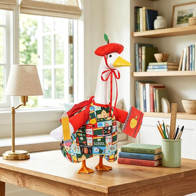 Back to School Porch Goose Outfit with Schoolbag for School Outdoor Decor | Fits 23'' Goose Statues, with Apple Hat, School Bag, Pencil, and Notebook, for Classroom Garden Yard Lawn Patio Decoration