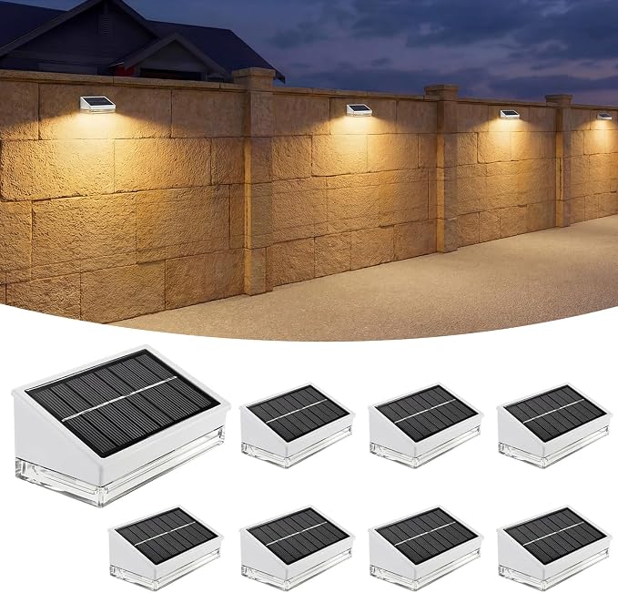 Solar Fence Lights 8 Pack, Outdoor Solar Lights with 3 Color Temperatures, IP65 Waterproof Wide-Angle LED Lighting for Fence, Patio, Yard, Deck, Wall, Garden (White)